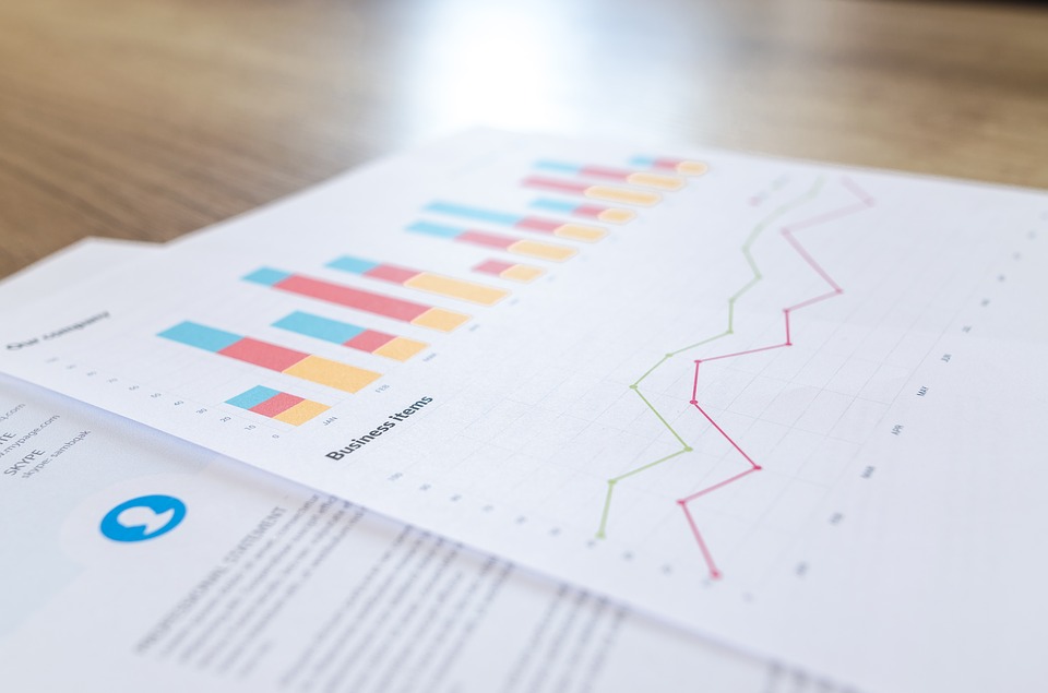 Statistik grafisch dargestellt auf einem weißen DIN A4 Blatt auf einem Tisch