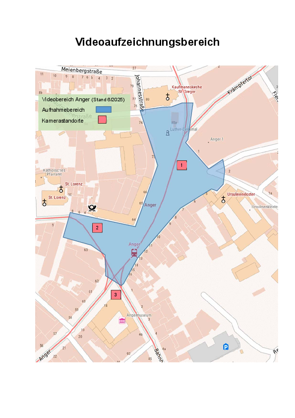 Kartenansicht des Erfurter Angers mit Kennzeichnungen von den Standorten der Kameras und des Aufnahmebereichs.