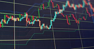 Finanzdiagramm mit Candlestick-Chart, das in der Marktanalyse für den Schwankungsbericht des Aktienkurses verwendet wird