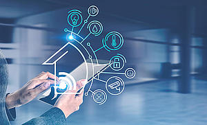 Woman hand with tablet, smart home interface Frauenhand mit Tablet, sie steuert etwas, man sieht Symbole und Figuren technisch animiert aus dem Tablet kommen.