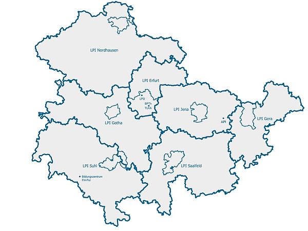 Grafische Karte der Dienststellen der Thüringer Polizei Landkarte Thüringen mit abgegrenzten Bereichen der Landespolizeiinspektionen