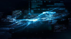3D-Darstellung digitaler Cyberspace mit Partikeln und digitalen Datennetzwerkverbindungen. Hochgeschwindigkeitsverbindung und Big-Data-Analyse, Technologie-Digitalmatrix in hellblauen, leuchtenden Farben auf schwarzem Hintergrund