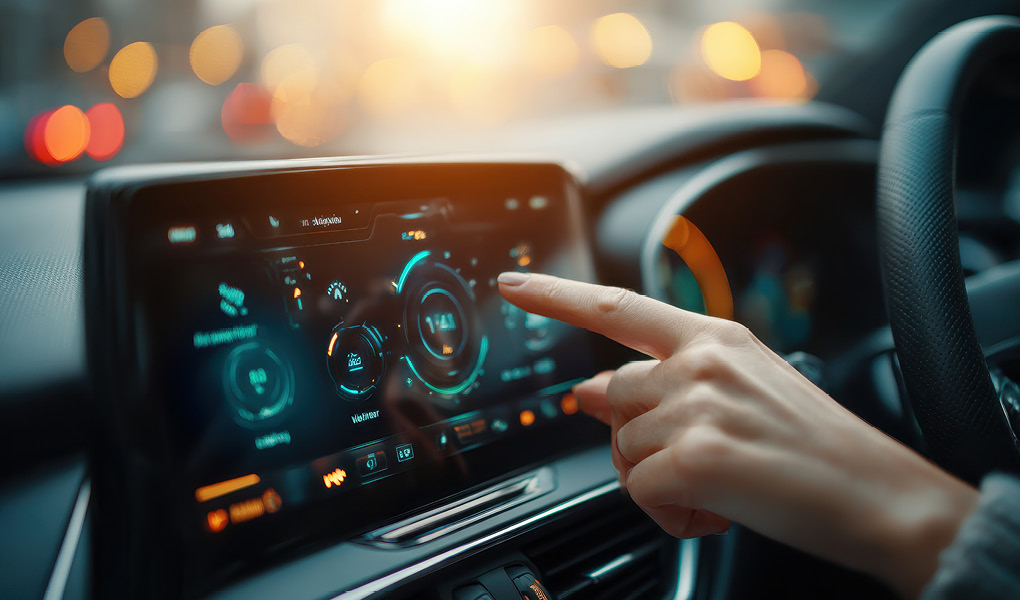 Nahaufnahme: Eine Hand tippt auf ein Display-Bedienfeld in einem Auto.