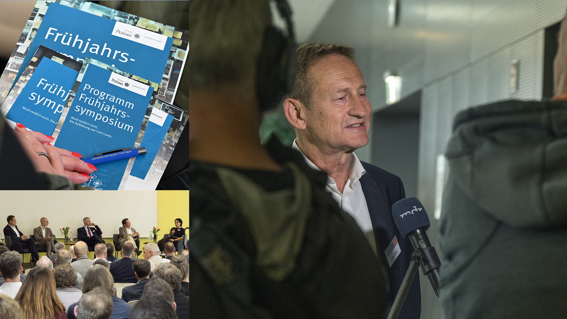 Collage: Bild 1: LKA Präsident beim Interview mit dem MDR, Bild 2: Printmedien Frühjahrssymposium, Bild 3: Podiumsdiskussion